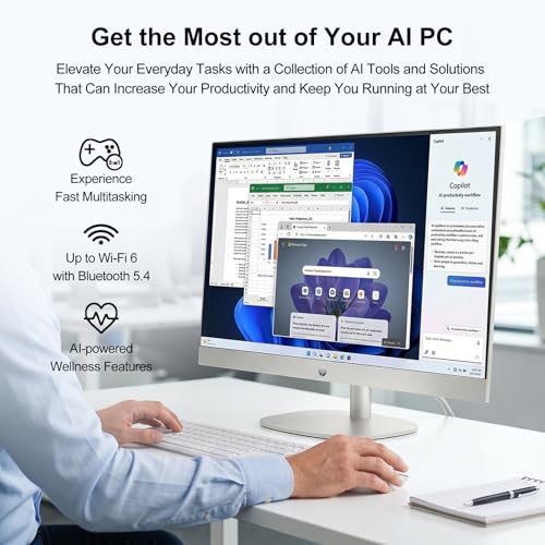 Image of HP 24 inch FHD Touchscreen All-in-One Desktop Computer, AMD Ryzen 7 7730U, 32GB RAM, 2TB SSD, AMD Radeon Graphics, Wireless Mouse & Keyboard, Bundle with 64GB Flash Drive, Windows 11 Home
