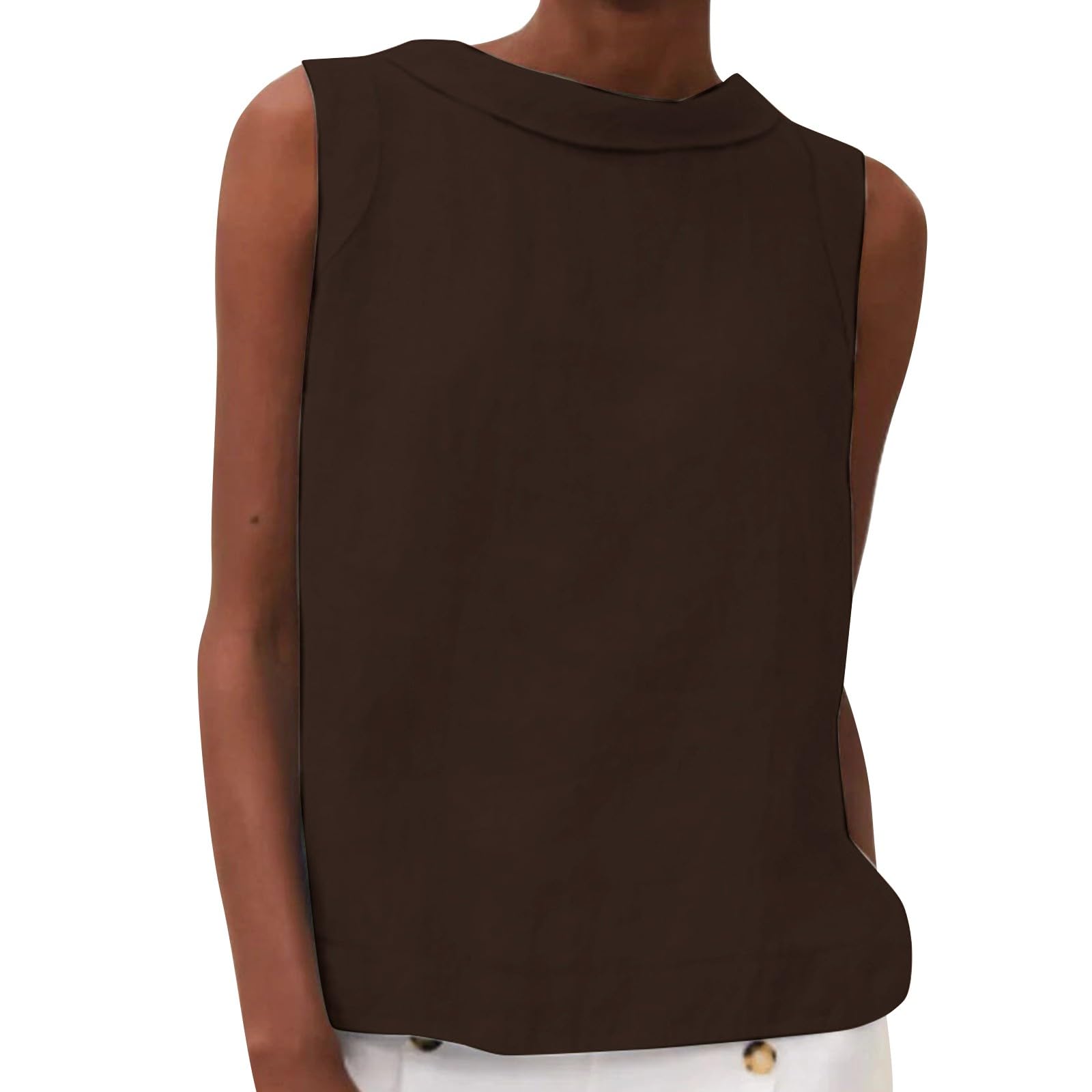 Women's Cotton Linen Tank Tops High Neck Casual Cami Sleeveless Camisole Blouses Summer Basic Shirt Solid Color Crop Tops(Brown,XX-Large) โ image 1