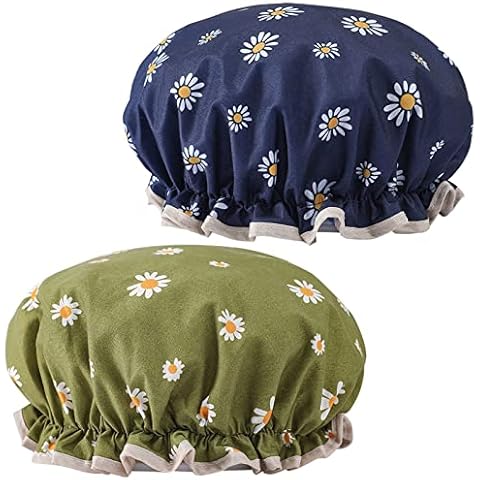 Ledeak 2 Packs Shower Cap, Elastic Band Double Layers Waterproof Shower Caps With Ruffled Edge, Reusable Covering Ears Hair Protection Hat for Girls Women Spa Salon (Navy Blue+Green) Cover