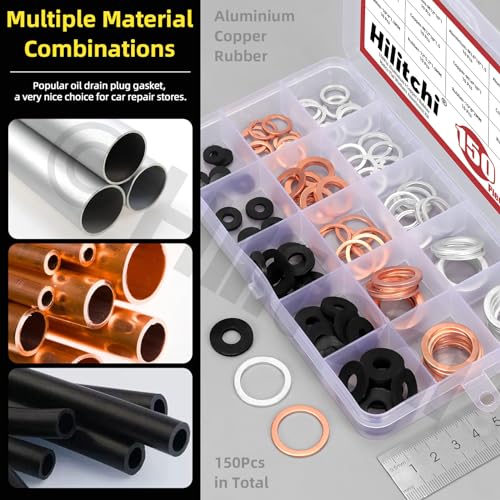 Image of Hilitchi 150Pcs Aluminum Copper Oil Drain Plug Gasket and Black Nylon Flat Washer Assortment Kit, M10 M12 M14 M16 M18 Oil Crush Washers Sealing Washers Rubber Grommet for Car Household Appliances