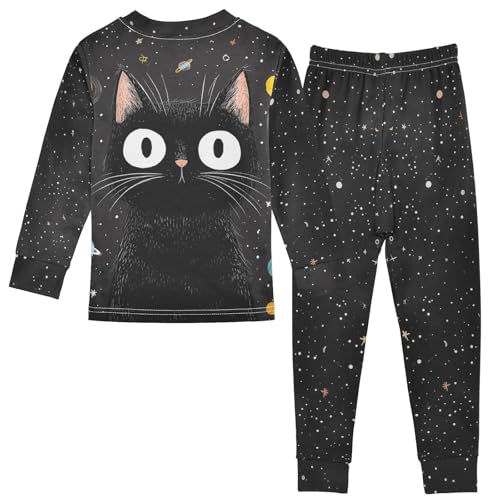 Fustylead Black Cat with Stars and Planets Cotton Pajamas, Snug Fit Long Sleeve Soft Sleepwear Pjs2