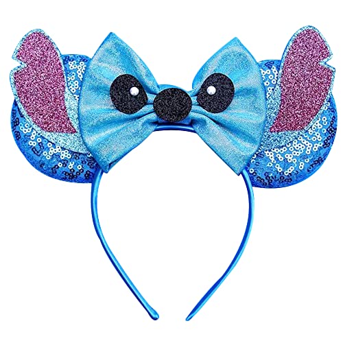Viwind Mouse Ears Headbands for Women Men, Stitch Eyes and Ears Bows Hairbands for Adult, Glitter Blue Stitch Costume Birthday Party Favor Hair Accessory Couple Outfit