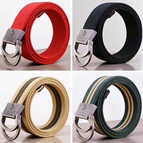Double D-Ring Striped Canvas Metal Buckle Adjustable Web Belt, Colorful Durable Fabric Hiking Webbing Loop Belts Men4