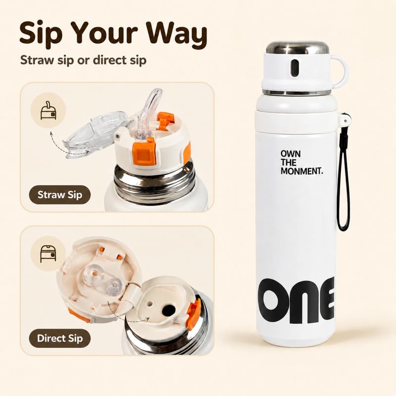 Image of Homero Premium Steel Bottle 1 Litre 1L, Stylish Water Bottle with Cup & Straw, Leak Proof Sleek Metal Design for Office, Gym, School, College & Travel Use - Classic White