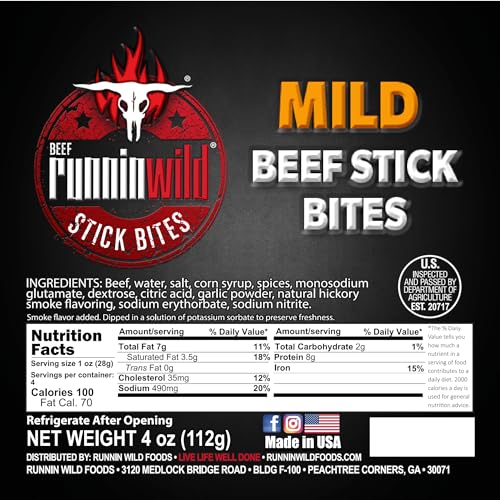 Image of Mild Mini Beef Sticks Bites - 100% Beef Snack Bites | Bite-Sized Meat Snacks | 12 ounces total (Pack of 3 bags, 4oz each), Runnin' Wild Foods