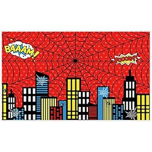 Allenjoy 5x3ft Red Superhero Theme Cityscape Backdrop for Photography 1st Boys Birthday Party Kids Baby Shower Decorations Family Gathering Background Cake Smash Photo Shoot Photobooth Studio Props