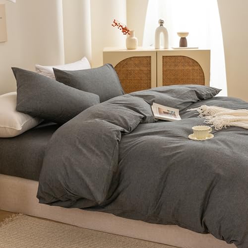 Image of ECOCOTT Duvet Cover Set, 100% Washed Cotton Linen-Like Textured Soft & Breathable, Durable Comfy Bedding Set for All Seasons (Grey, California King)
