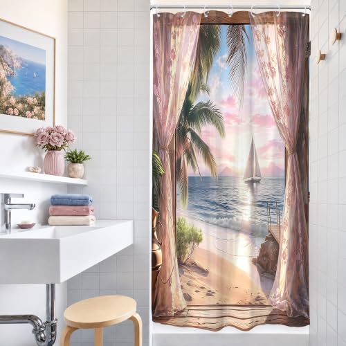 Image of Small Stall Beach Coastal Shower Curtain Pink Ocean Sunset Bathroom Decor | 36Wx72H Inch Single Narrow Bathroom Decor Fabric Polyester Waterproof 7 Pack Hooks
