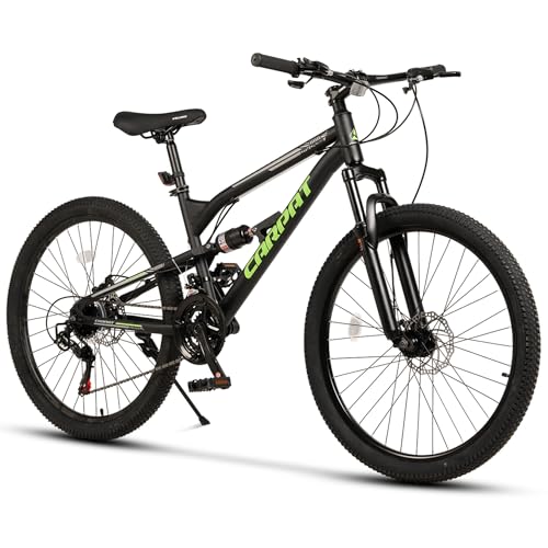 Bicicleta de montaña para hombre, mujer, niña, niño, adecuada a partir de 150 cm, 21 marchas, desviador Shimano Tourney TZ, cambio de cadena, bicicleta juvenil MTB Hardtail (negro y verde, 26