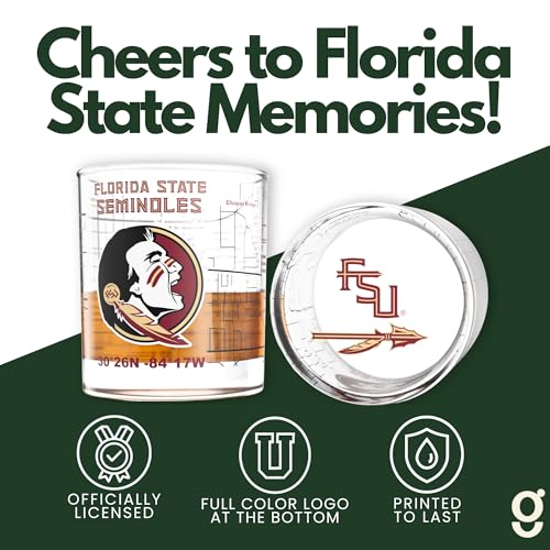 Image of Greenline Goods Florida State University Seminoles Whiskey Glasses Set of 2, 10 oz Rocks Glasses with Full-Color Logo & Campus Map - Officially Licensed Bourbon Glass Gift for Alumni & Fans