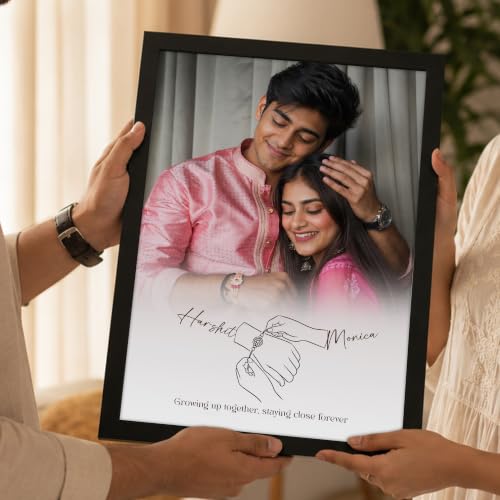 Image of Art Street Personalized Rakhi Photo Gift for Brother & Sister Photo Frame With Brother & Sister Photo Upload, And Text For Rakshabandhan Gift (A4, Black)