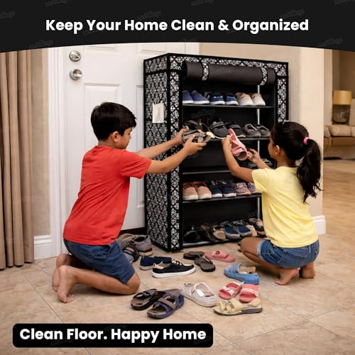 Image of Zest 4 Toyz 4 Shelf Shoe Rack for Home with Zip Door Cover & Side Pockets Shoe Stand Multipurpose Storage Rack for Footwear Toys Clothes with Dustproof Cover (Black)