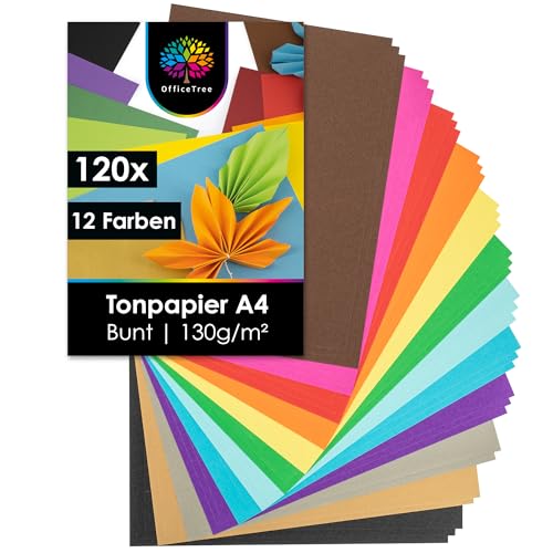 OfficeTree 120x Tonpapier A4 Bunt 130g - 12 Farben - Buntpapier zum Basteln - Bedruckbar - Bastelpapier Bunt - Buntes Papier - Farbpapier A4