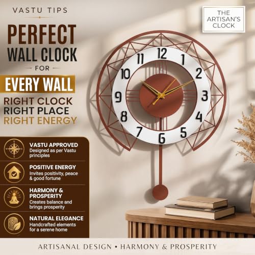 Image of Metal Pendulum Wall Clock for Living Room Stylish | Fancy Large Wall Clocks for Office, Bedroom & Drawing Room | Luxury Wall Watch for Home Decoration (Copper 40Cm)