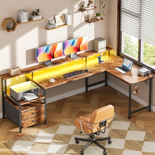 Image of Korfile 66'' L Shaped Computer Desk with Storage Drawers, Power Outlet, LED