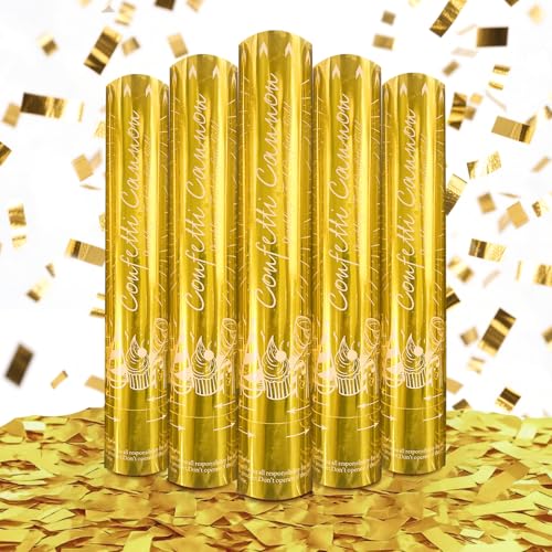 5-Pack Gold Confetti Poppers 12-Inch Recyclable Confetti Cannons for Weddings Birthdays Graduations and Festive Gatherings.