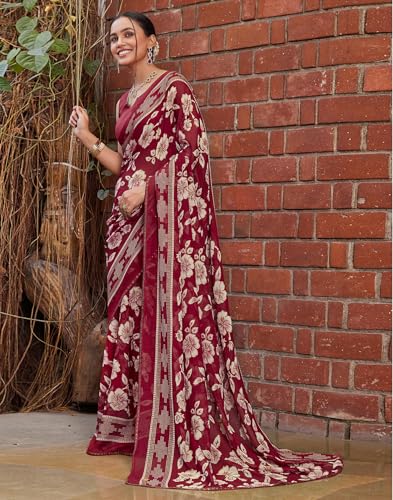 Image of SIRIL Women's Georgette Floral Printed Saree With Unstitched Blouse Piece