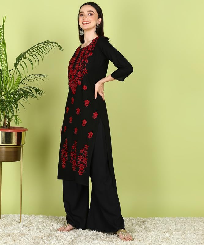 Image of Women Pink Ethnic motifs Embroidered Lucknowi Chikankari Long Kurti