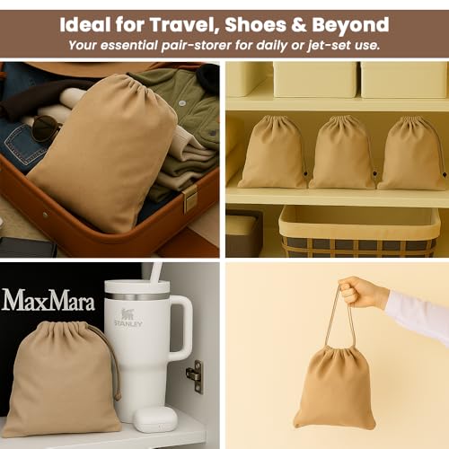 Image of LFH Cotton Rich Shoe Storage Bags with Drawstring, Dustproof Breathable Reusable Organizer, Perfect For Travel, Dorm, Hotel, College, Gym, Easy to Carry, Machine Washable 12 inchx17 inch (Pack of 2) - Beige