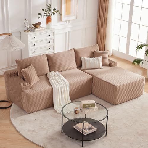 Image of Mangodan Cloud Sectional Sofa, Boneless Couch for Living Room, Modular Sectional Sofa with Deep Seat, Fluffy L-Shaped Comfy Couch with Right-Facing Chaise, No Assembly Required, Camel