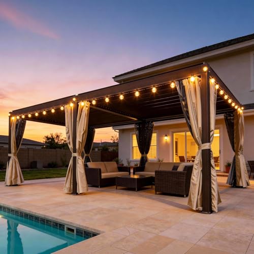 Domi 12x20ft Aluminum Louvered Pergola with Curtains