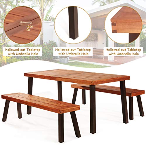 Giantex Patio Dining Table Set With 2 Benches, Outdoor Picnic Table Set With Umbrella Hole, Acacia Wood Patio Seating And Rectangular Table For Backyard, Garden, Lawn (Rustic Brown) #TOP3