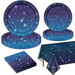 Outer Space Party Supplies for 20 Guests, Tableware Set Includes Starry Night Paper Plates, Napkins, Tablecloth for Kids Space Galaxy Theme Birthday Decorations