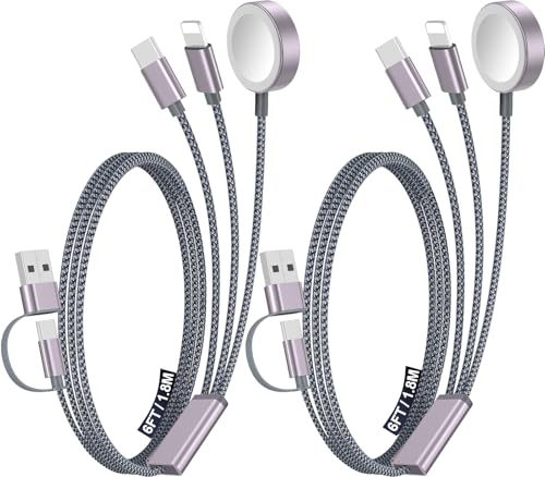 2Pack Multi Charging Cable Cord for Travel Essentials,Apple Watch Charger,iPhone Charger,[3-in-2] Type C/Lightning Cable Portable Designed for iWatch,iPhone 17-8,Galaxy S26-21,AirPods,iPad-1.8M Gray