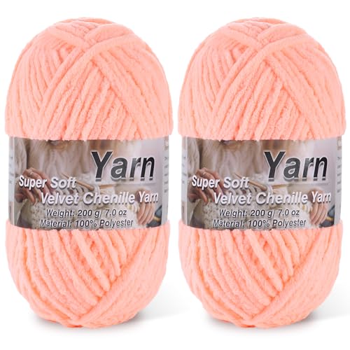 Image of 2 * 200g /7oz Chunky Chenille Yarn for Baby Blanket Yarn for Crocheting - Super Soft Chenille Plush Yarn - Bulk Thick Yarns Used for Making Scarves, Blankets, DIY Craft (Apricot)