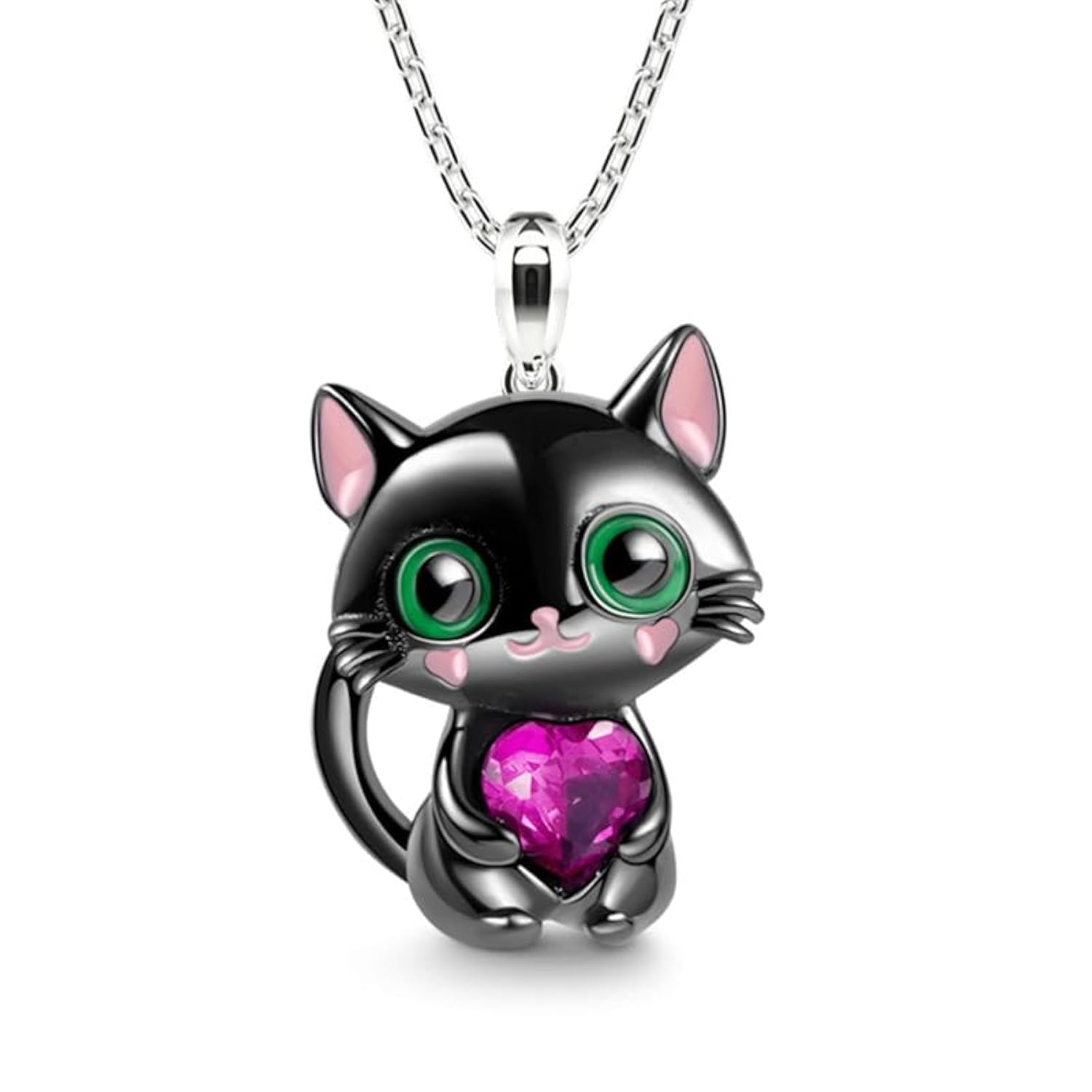 Black Cat Necklace - Cute Cat Heart Necklace with Rhinestone Heart - Jewelry for Women and Teen Girls
