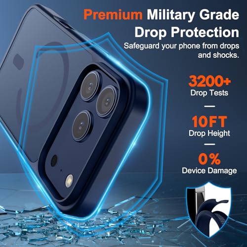 Image of SUPFINE Magnetic for iPhone 17 Pro Max Case with Screen Protector (Compatible with MagSafe)(Military Grade Drop Protection) Translucent Matte Shockproof with Anti-Fingerprint Phone Cover,Dark Blue