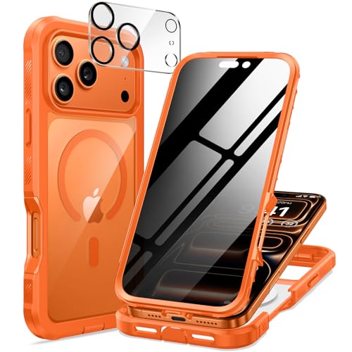 seacosmo for iPhone 17 Pro Max Case Full Body Bumper with Built-in Tempered Glass Privacy Screen and Camera Lens Protector Compatible with MagSafe Shockproof 17 Pro Max Phone Case 6.9 Orange