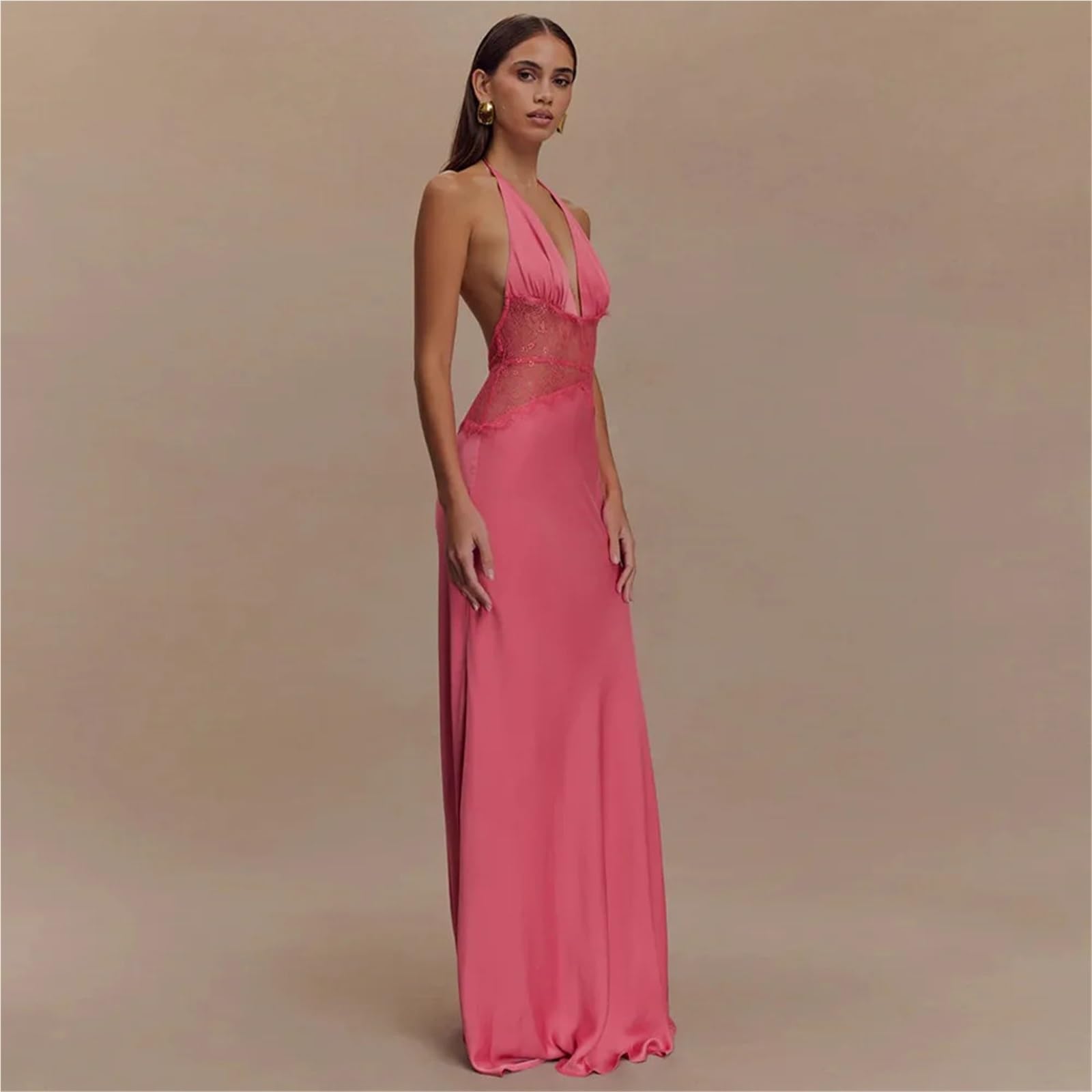 Vestido Largo de satén con Cuello Halter y Encaje for Mujer, Vestido Noche Formal Elegante Escote en V Profundo Espalda Descubierta for Boda, Fiesta graduación