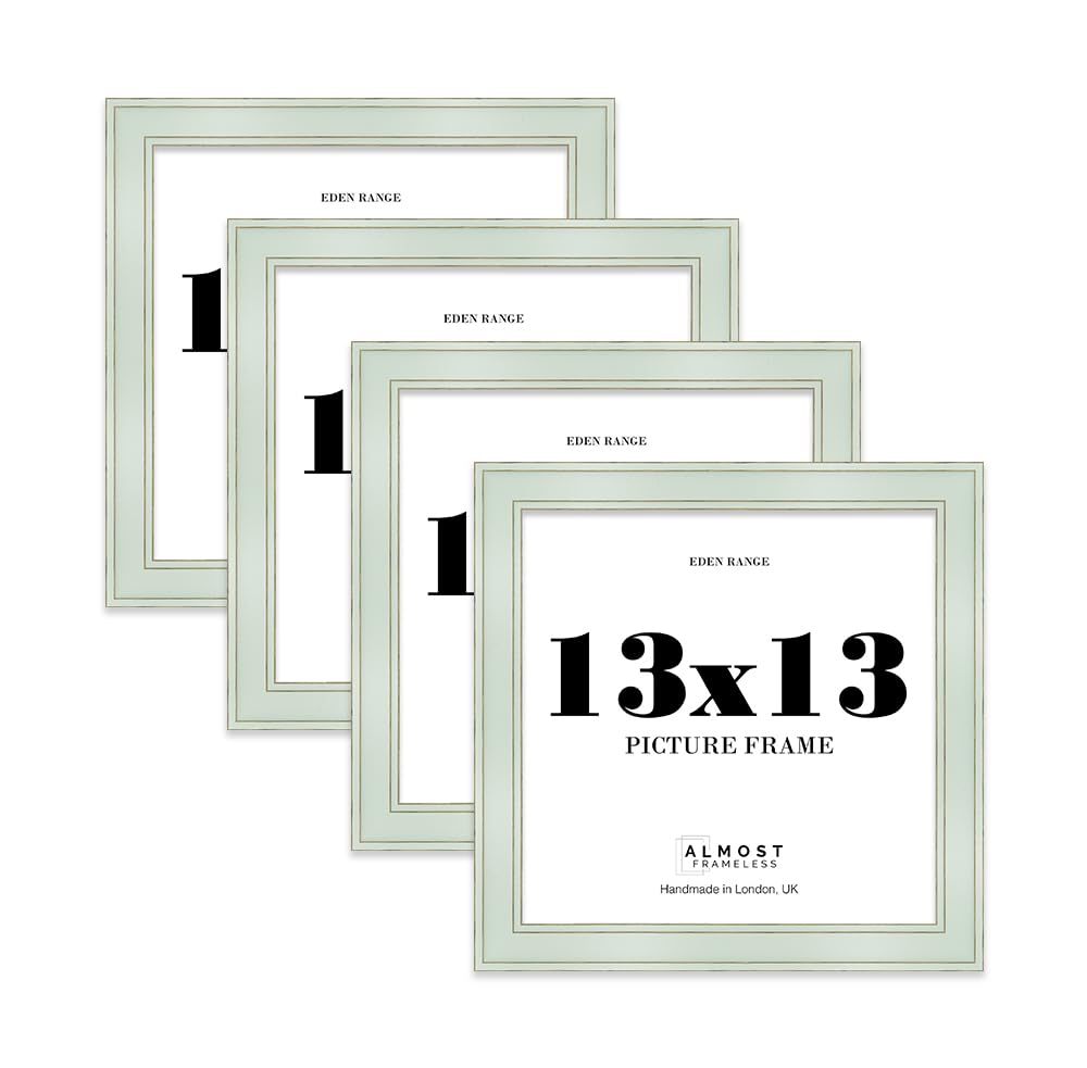 13x13 Sage Green Picture Frame - Shabby Chic Photo Frame with Distressed Finish, Gold Trim, Wall Hooks, 37mm Edge - 4 Pack
