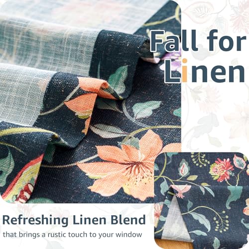 Image of jinchan Hattie Floral French Door Curtain 40 Inch Length Vintage Cottage Core Farmhouse Linen Decor for Glass Door Light Filtering 1 Panel with Tie Up Bow Rod Pocket Dark Blue