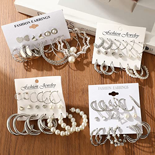 36 Pairs Gold Earrings Set For Women Girls, Fashion Pearl Chain Link Stud Drop Dangle Earrings Multipack Hoop Earring Packs, Hypoallergenic Earrings For Birthday Party Jewelry Gift #TOP6