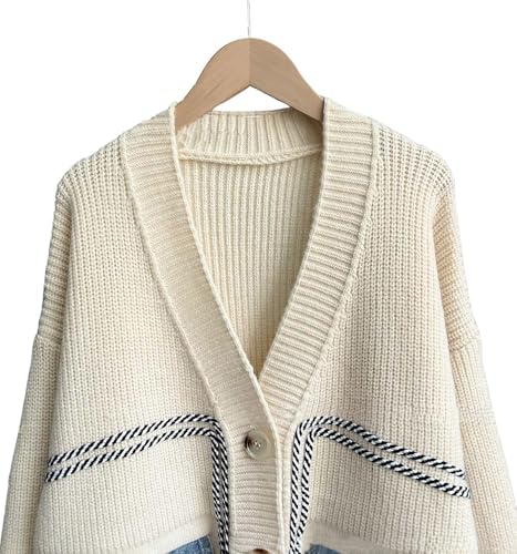 ebossy Women's Spliced Denim Pockets Knit Cardigan Button Down Slouchy Stripe Sweater Outwear3