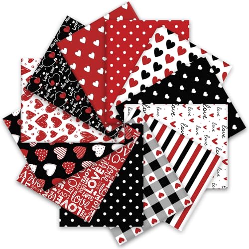 Whaline 12 Pcs Valentines Day Cotton Fabric Bundles Pre-Cut Squares Red Black Love Heart Quilting Patchwork for DIY Handmade Sewing Craft 14 x 14 Inch