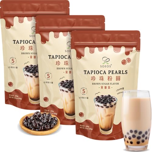 Soeos Tapioca Pearls, Brown Sugar Flavor, 8.8 oz (Pack of 3) Chewy Boba Pearls for Bubble Tea & Desserts, Easy to Cook