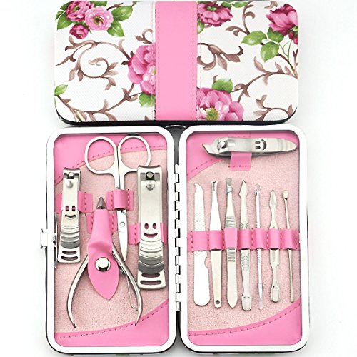 OJIA 12pcs Stainless Steel Manicure Pedicure Set,Travel & Grooming Set, Personal Care Tools, Nail Scissors Nail Clippers Kit with Beautiful Rose Leather Case