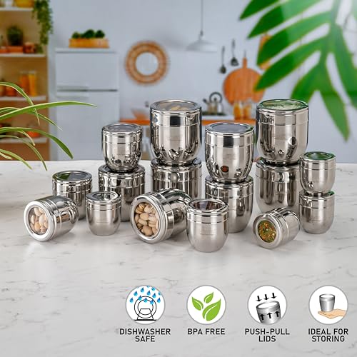Image of Sumeet Stainless Steel Conical Shape Canisters /Dabba /Storage Containers for Kitchen with See Through Lid, Set of 16 Pcs, (150ml-6cm Dia-4Pc, 250ml-7cm Dia-4Pc, 400ml-8.5cm 4Pc, 500ml-9cm 4Pc)- Silver