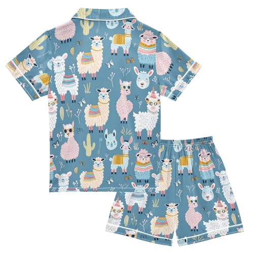 ALAZA Alpaca Llama Blue Cactus Satin Pajamas Set Short Sleeve Button Down Sleepwear Summer Pjs 2 Piece2