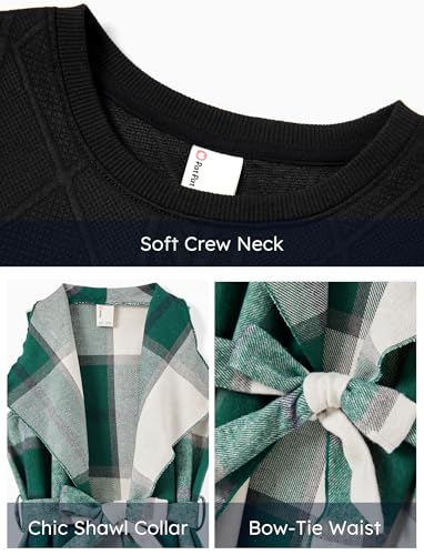 PATPAT Girls Fall Cardigan Dress Set – Ribbed Long Sleeve Dress with Removable Plaid Belted Outerwear, 18M-12Y2