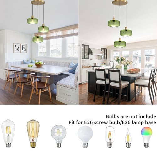 Image of 3-Light Green Glass Pendant Light, Mid-Century Modern Kitchen Island Hanging Light Fixtures with Ribbed Glass Shades, Adjustable Height Gold Ceiling Pendant Lighting