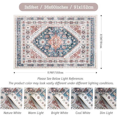 Madane Area Rug 3x5, Entryway Washable Vintage Runners Bedroom Non Slip Indoor Kitchen Runner for Living Room Laundry Room Playroom Soft Non-Slip Area Rugs, Navy Blue