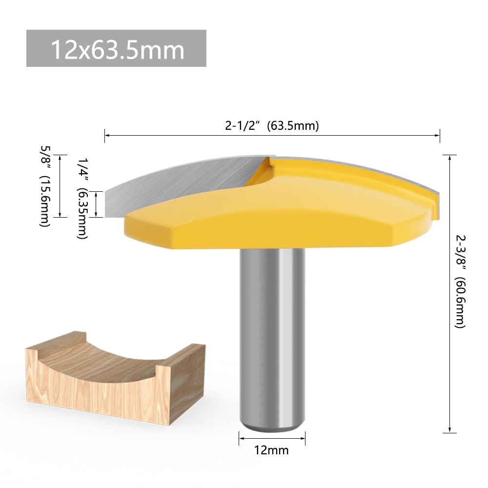 Fresa de radio cóncavo de broca enrutadora de tazón grande de 2-1/2 "para brocas de corona for carpintería, 1 unidad(12mm Shank)