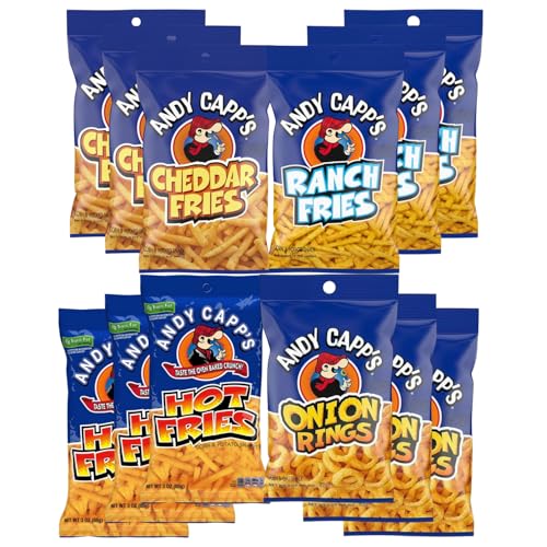 Andy Capp 4 Flavor Variety Pack - Hot Fries, Cheddar Fries, Ranch Fries & Onion Rings (2 oz.) - Gift Bundle of 12, 3 oz. Bags By Lyza's Sweets & Treats