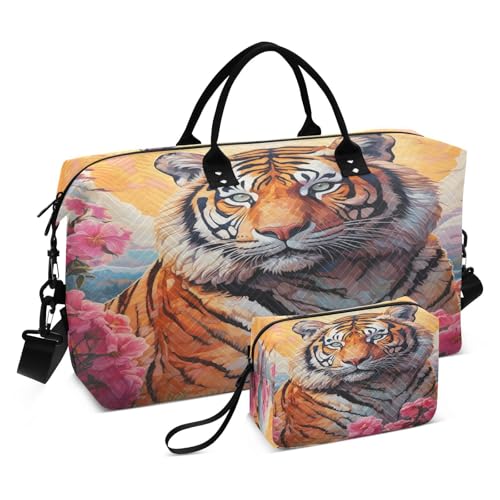 Flower Pattern Tiger Sports Swim Gym Bag Weekender Duffel Travel Bags Handbag with Makeup Storage Bag for Girls Men