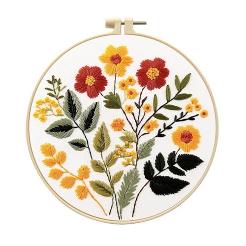 Image of Zhenqing Floral Embroidery Kit for Beginners, Wildflower Hand Embroidery Starter Kit with Pattern, Cotton Fabric, Embroidery Hoop, Threads, Needles and Tools, Flower Needlework Craft Decor (C0126)