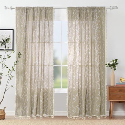Image of Schweek Boho Floral Curtains 96 Inches Length 2 Panels for Living Room Tan | Farmhouse Semi Sheer, Bohemian Floral Drapes, Cotton Linen Western Curtains for Bedroom, Dining Room, Office 52 inchx 96 inch